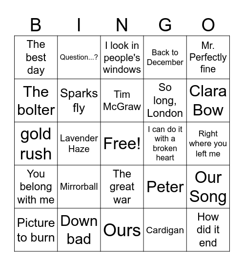 T SWIFT All Taylor Bingo Card