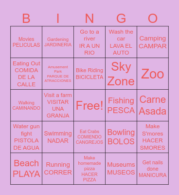 Summer Activities Eng & Spanish Bingo Card
