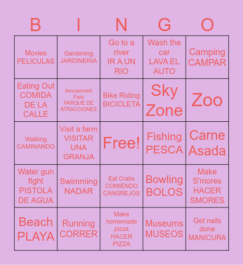 Summer Activities Eng & Spanish Bingo Card
