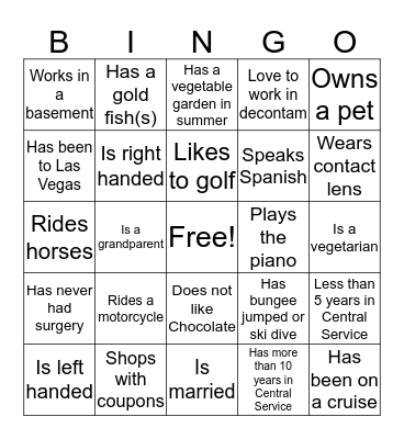 Central Service People Bingo Card