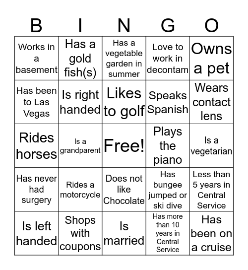 Central Service People Bingo Card