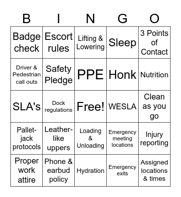 Warehouse Safety Bingo Card
