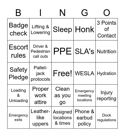 Warehouse Safety Bingo Card