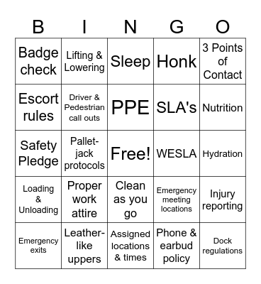Warehouse Safety Bingo Card