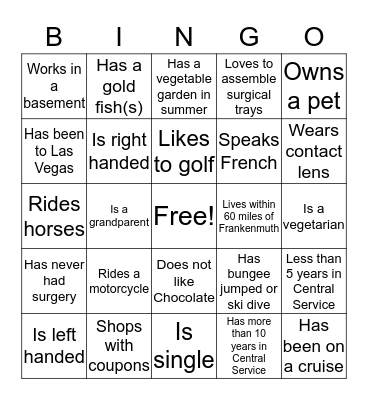 Central Service People Bingo Card