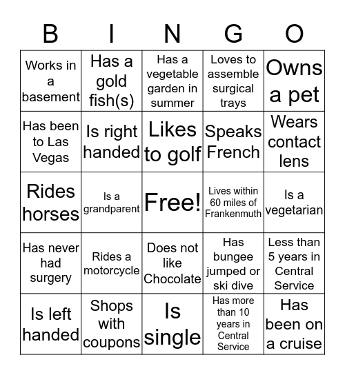 Central Service People Bingo Card