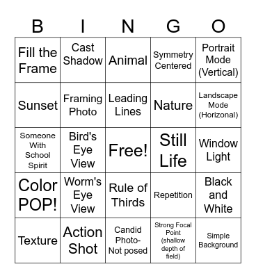 Yearbook Photography Bingo Card