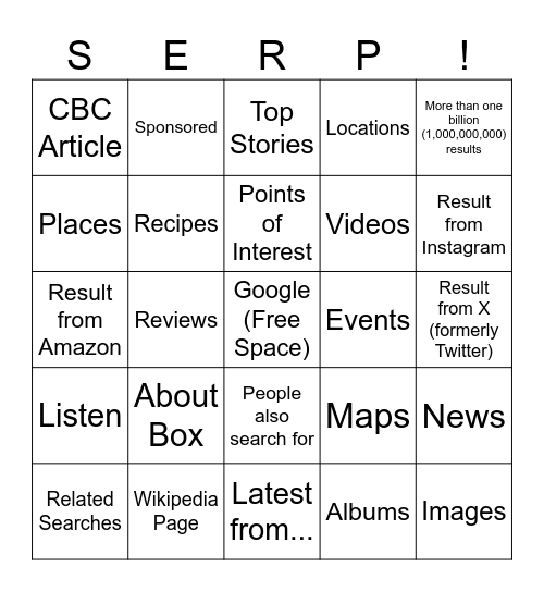 Search Engine Bingo! Bingo Card