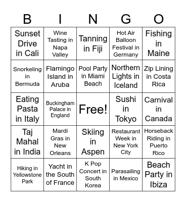 Vacation Edition Bingo Card