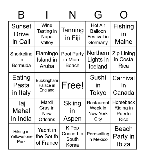 Vacation Edition Bingo Card