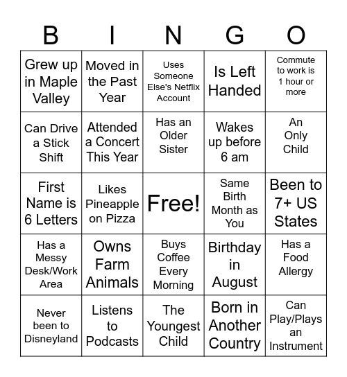 Staff bingo Card