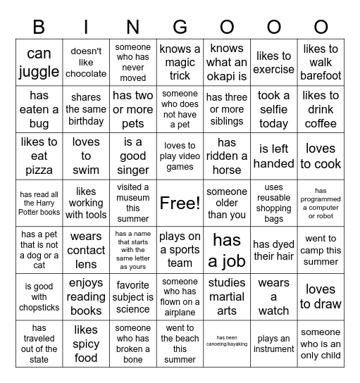 Classmate Bingo Card