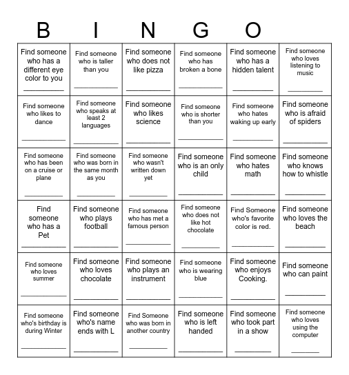 Find Someone Who Bingo Card