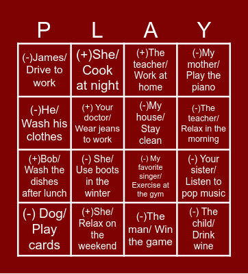 SIMPLE PRESENT Bingo Card