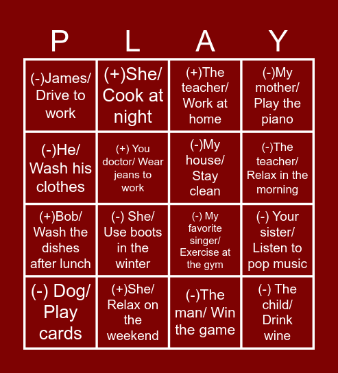 SIMPLE PRESENT Bingo Card