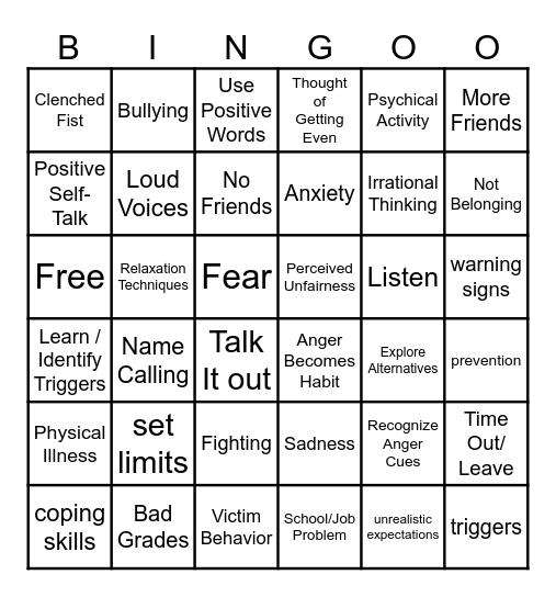 Anger Bingo for Teens Bingo Card