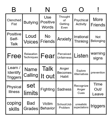 Anger Bingo for Teens Bingo Card