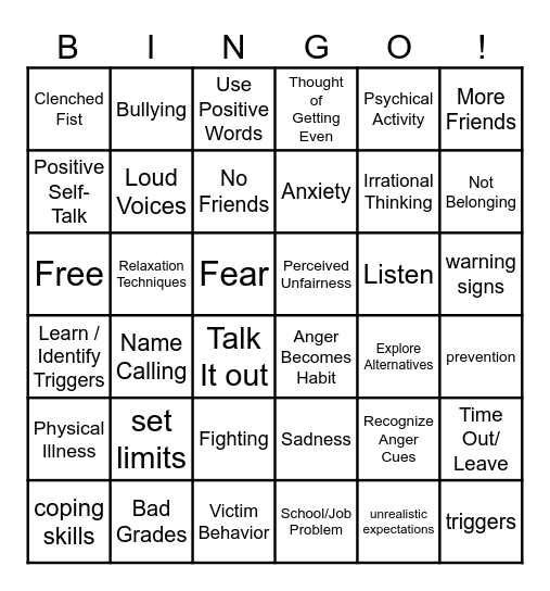 Anger Bingo for Teens Bingo Card