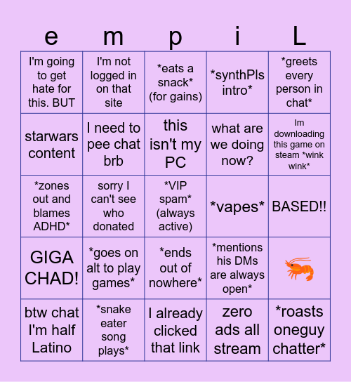 Empi stream bingo Card