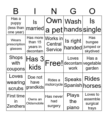 Central Service People Bingo Card