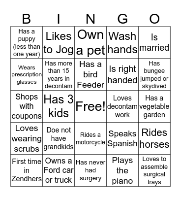 Central Service People Bingo Card