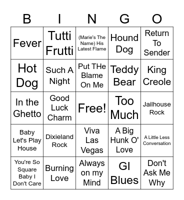 Elvis Songs Bingo Card