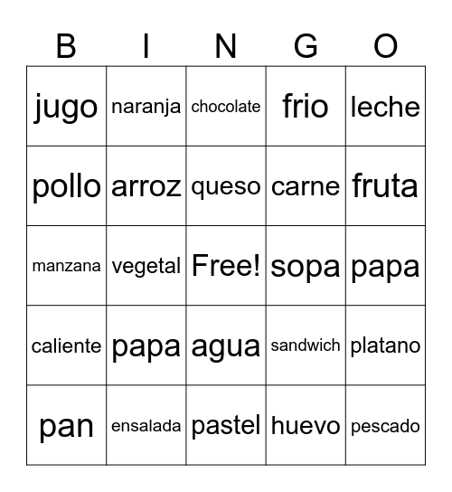 Espanol Bingo Card