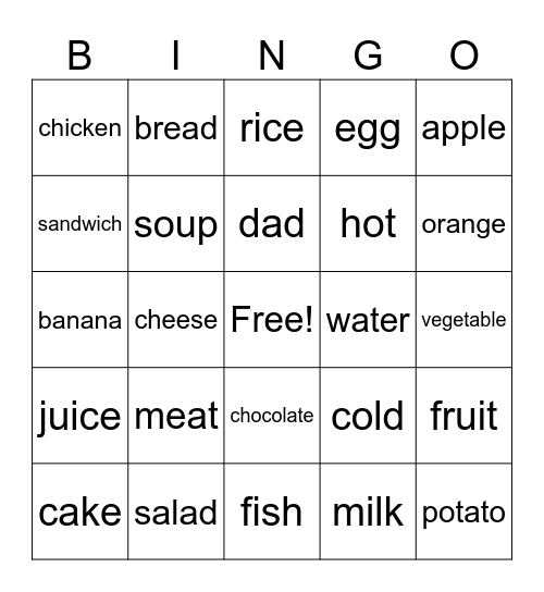 English Bingo Card