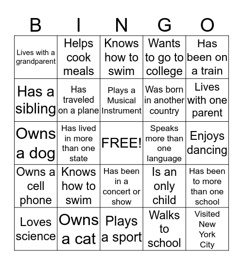 Getting to Know You Better! Bingo Card