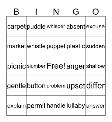 VCCV Syllables Bingo Card