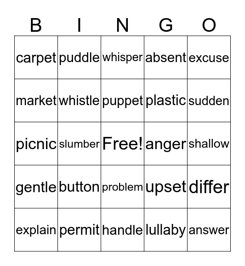 VCCV Syllables Bingo Card