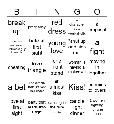 romantic movie Bingo Card