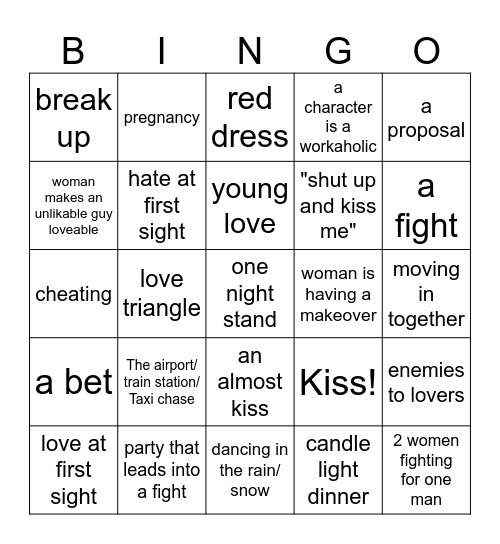 romantic movie Bingo Card