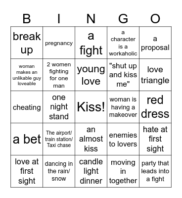 romantic movie Bingo Card
