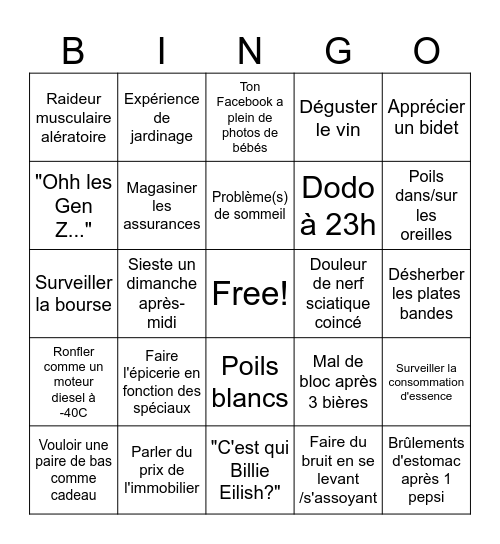 La "trentaine" Bingo Card