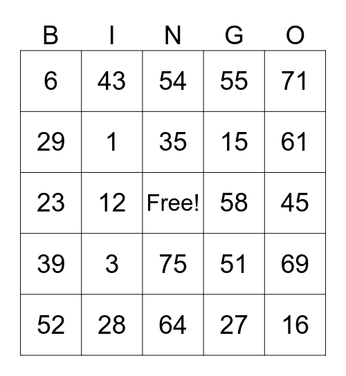 Number Bingo 1-75 Bingo Card