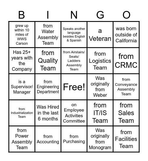 2023 Safran Cabin WWS Carson Picnic Bingo Card