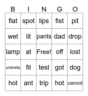 short vowel sounds Bingo Card