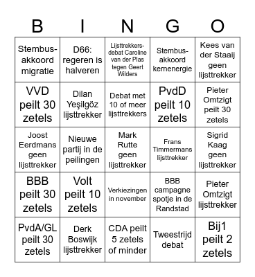 Bingokaart verkiezingsperiode zomer 2023 Bingo Card