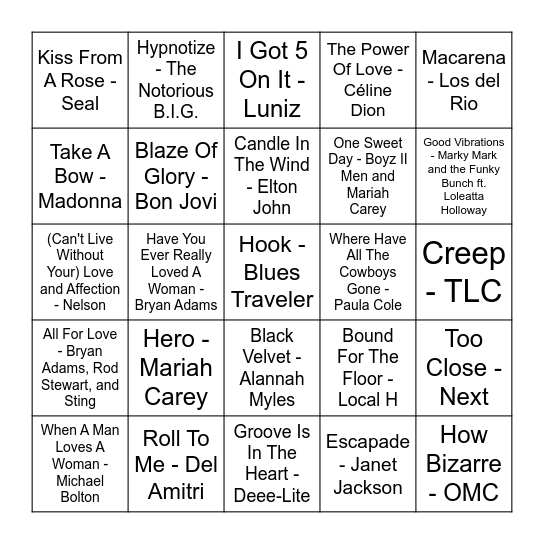 90's Part 2 Bingo Card