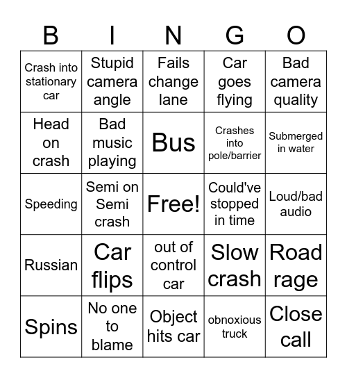 Car crash bingo Card