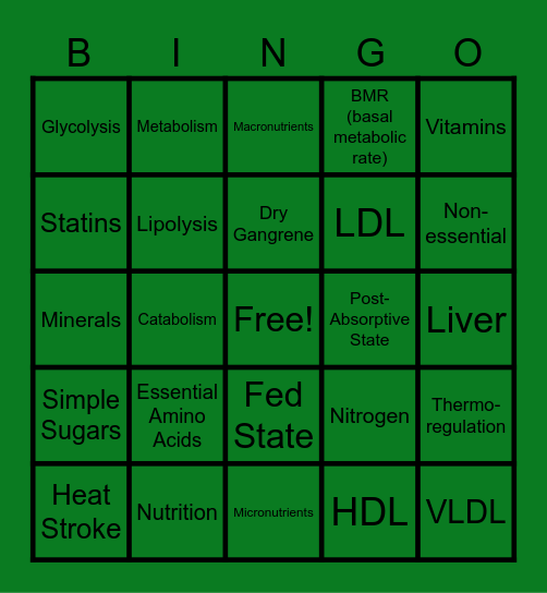 Nutrients and Metabolism Bingo Card