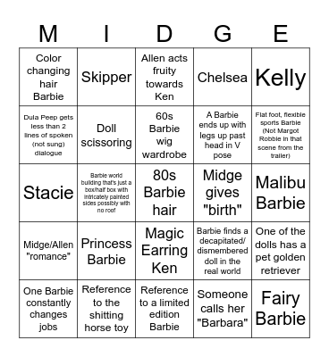 Barbie Movie Bingo Card