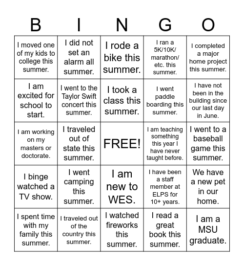 Whitehills Staff Back to School Bingo Card