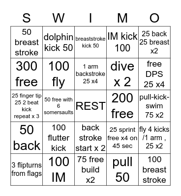 Swim Bingo (SWIMO) Bingo Card