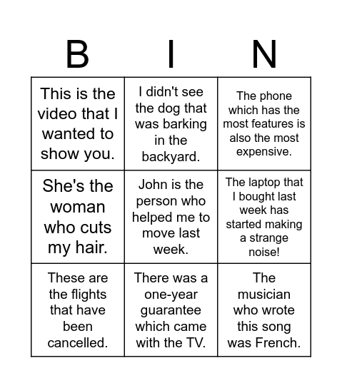 Who, which, that Bingo Card