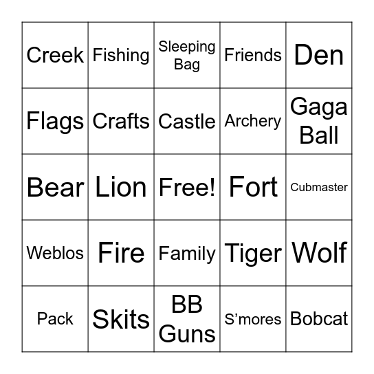 Cub Scout Camp Bingo Card