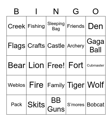Cub Scout Camp Bingo Card
