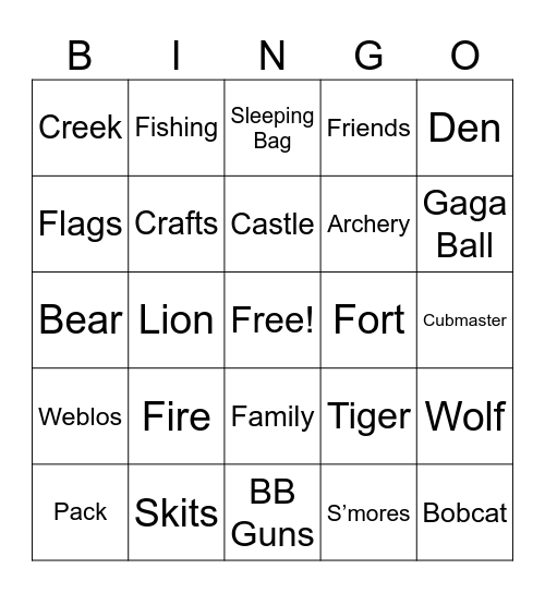 Cub Scout Camp Bingo Card