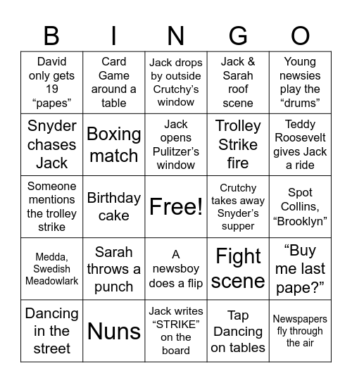Newsies Bingo Card